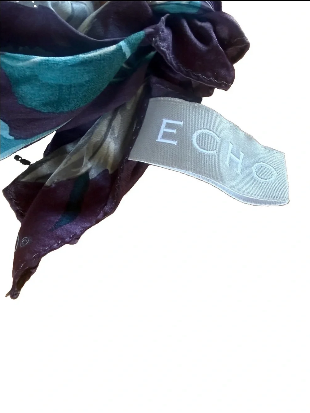 Echo 100% Silk Floral Scarf Purple Teal Gray Large Square Neck Head Wrap